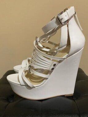 White Platform Wedge Sandals | Strappy High Heel Shoes | Ankle Strap Heels